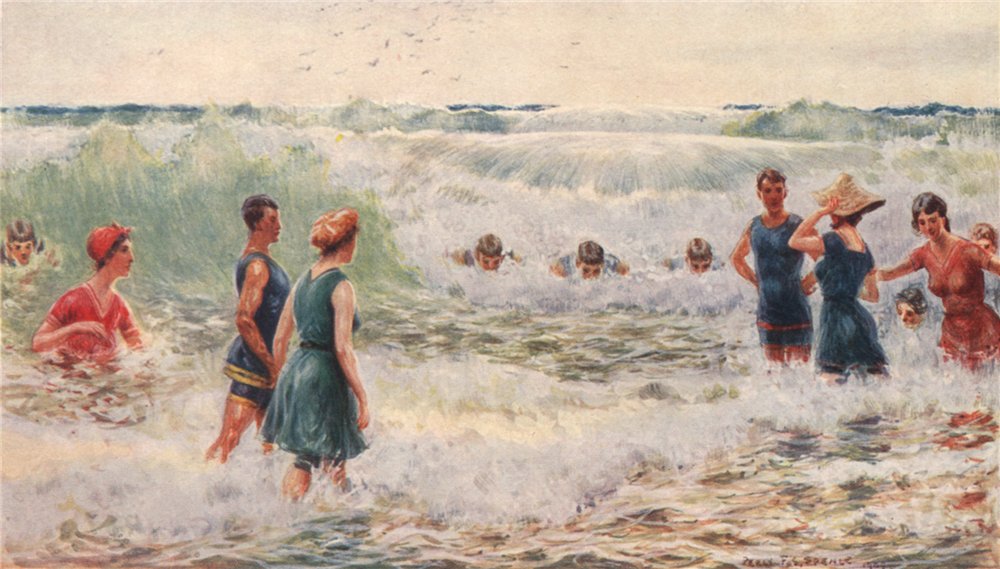 'Surf -Bathing - Shooting the breakers' by Percy Spence. Australia 1910 print
